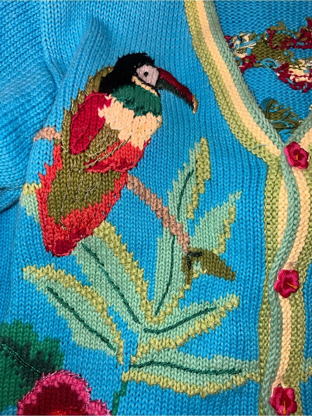 Handknits by Storybook Kruts Tropical Parrot Cardigan Turq Embroidery Sweater Lg